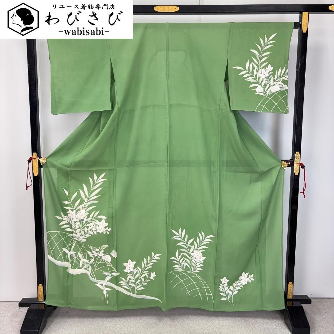 夏着物 付下げ 絽 花模様 鮮緑色 K-5984 - メルカリ