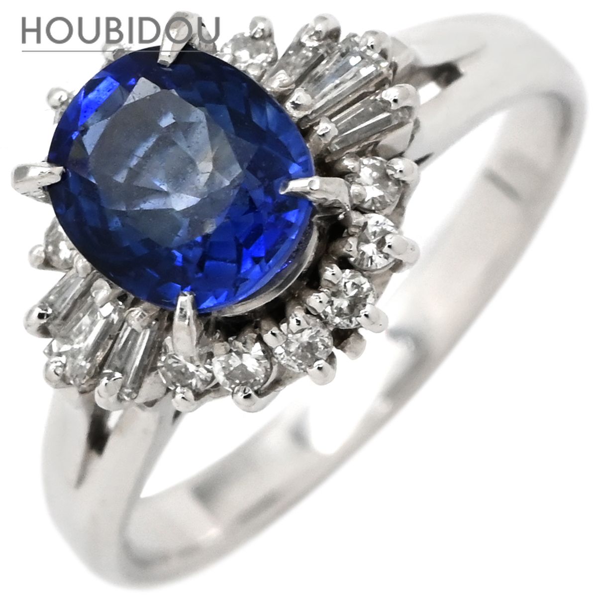 リング 指輪 ブルーサファイア 1.45ct ダイヤ 0.28ct ブルー×プラチナシルバー 青 プラチナ オーバルカット ヘイローデザイン 12号【中古】