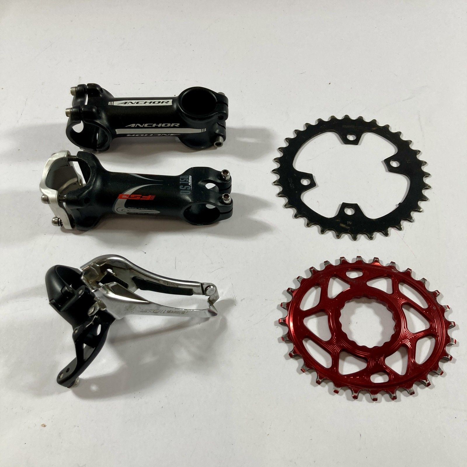 ★ SHIMANO ANCHOR 他 自転車パーツ 5点 まとめ商品 フロントディレイラー ステム チェーンリング など 現状品
