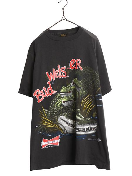 90s USA製 ★ バドワイザー カエル ワニ イラスト プリント Tシャツ メンズ L / オールド 企業物 当時物 キャラクター ビール アニマル 黒