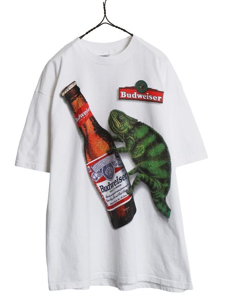 90s ★ バドワイザー カメレオン イラスト プリント Tシャツ メンズ XL / オールド ビール 当時物 企業物 カエル アニマル キャラクター 白