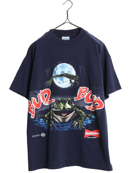 90s ★ バドワイザー カエル イラスト プリント Tシャツ メンズ L オールド グラフィック ビール 当時物 企業物 キャラクター アニマル 紺