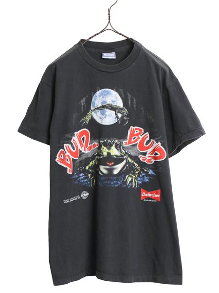 90s USA製 ★ バドワイザー カエル イラスト プリント Tシャツ メンズ L / 古着 オールド ビール 当時物 企業物 キャラクター アニマル 黒
