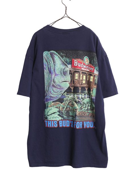 90s ★ バドワイザー カエル カメレオン イラスト プリント Tシャツ メンズ XL / オールド キャラクター ビール 企業物 当時物 アニマル 紺
