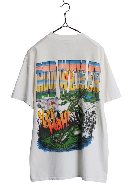 90s ★ バドワイザー カエル イラスト プリント Tシャツ メンズ L / オールド グラフィック ビール 企業物 当時物 アニマル キャラクター 白