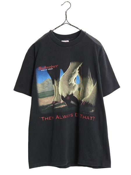 90s USA製 ★ バドワイザー アメフト イラスト プリント Tシャツ メンズ L 古着 オールド ビール 当時物 企業物 アニマル キャラクター 黒