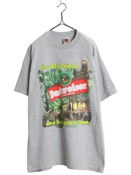 90s ★ バドワイザー カメレオン イラスト プリント Tシャツ メンズ XL 古着 オールド ビール 企業物 当時物 キャラクター アニマル グレー