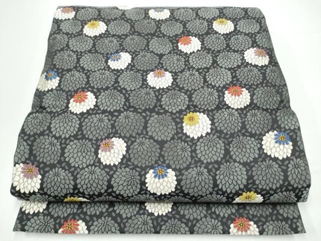 平和屋着物●六通柄袋帯　唐織　菊　黒地　正絹　逸品　CABG9120hy