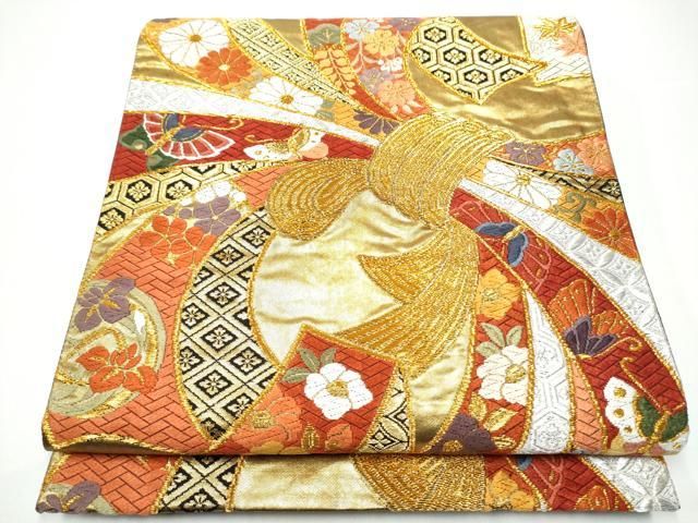 平和屋着物●唐織・西陣の老舗・名門・藤原織物　六通柄袋帯　束ね熨斗花蝶文　本金箔　正絹　逸品　CABG9143hy