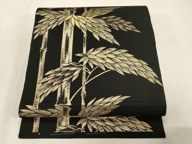 平和屋着物●六通柄　本袋帯　笹竹文　黒地　金糸　正絹　逸品　CABG9439dy