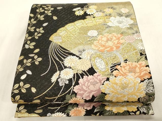 平和屋着物●六通柄袋帯　唐織　桧扇鼓花文　黒地　金銀糸　正絹　逸品　CABG9443dy