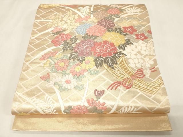 平和屋着物○六通柄袋帯 唐織 幾何学花文 金糸 正絹 逸品 CABG6293hy