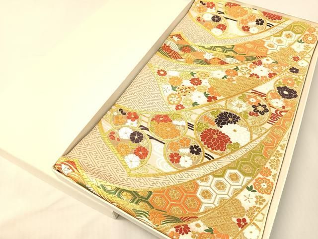 平和屋着物●西陣　ふくい謹製　六通柄袋帯　唐織錦　熨斗吉祥花文　金糸　日本製　紙箱・証紙付き　正絹　逸品　未使用　CABG7980vp