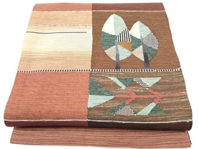 平和屋着物▽両面　太鼓柄袋帯　スリーシーズン　春夏秋　すくい織　枝葉文　正絹　逸品　CABG9048hy