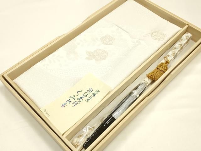 平和屋本店●和装小物　帯締め・帯揚げ・扇子セット　礼装用　唐組　辻が花　金糸　亀房付き　正絹　逸品　未使用　AABI8689ay