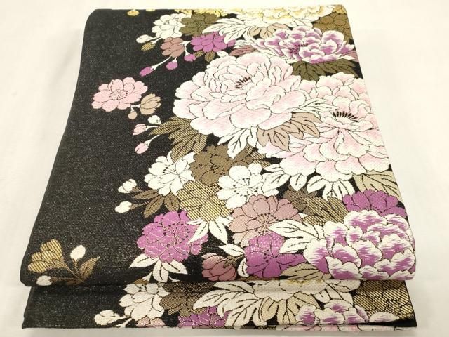 平和屋着物●六通柄袋帯　草花文　黒地　金糸　正絹　逸品　CABG9226dy