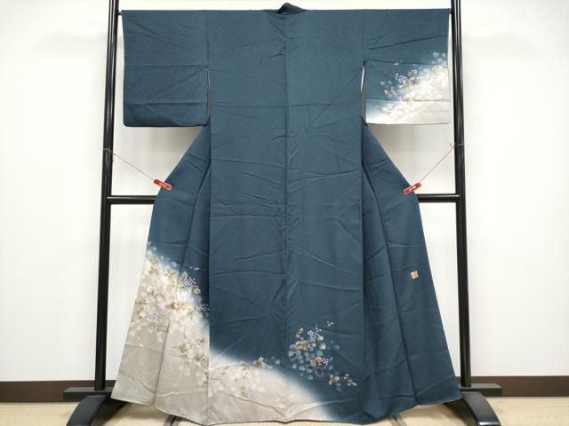 m410＋D459訪問着　和紙染染色作家　植村彩弘　手描き　正絹着物　袷　未使用 平和屋着物○和紙染染色作家・植村彩弘 訪問着 枝花文 暈し染め 金彩
