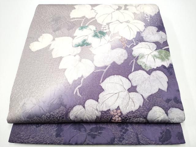 平和屋着物●太鼓柄袋帯　ふくれ織　葡萄蔦の葉文　銀通し地　正絹　逸品　CABG6364hy