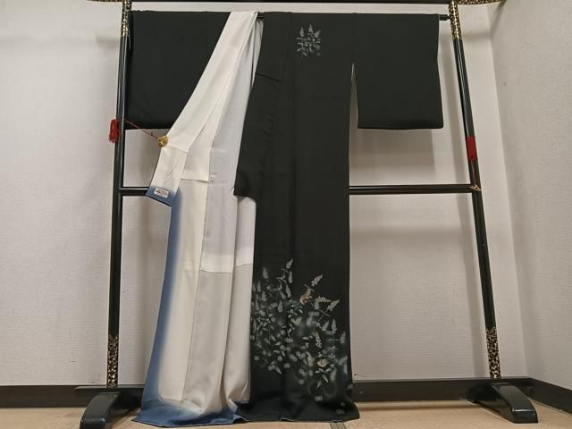 平和屋着物○和紙染染色作家・植村彩弘 訪問着 雀草花文 暈し染め 黒地