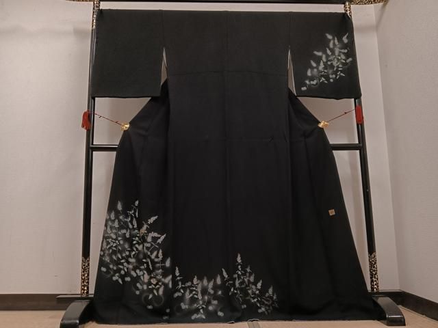 平和屋着物○和紙染染色作家・植村彩弘 訪問着 雀草花文 暈し染め 黒地