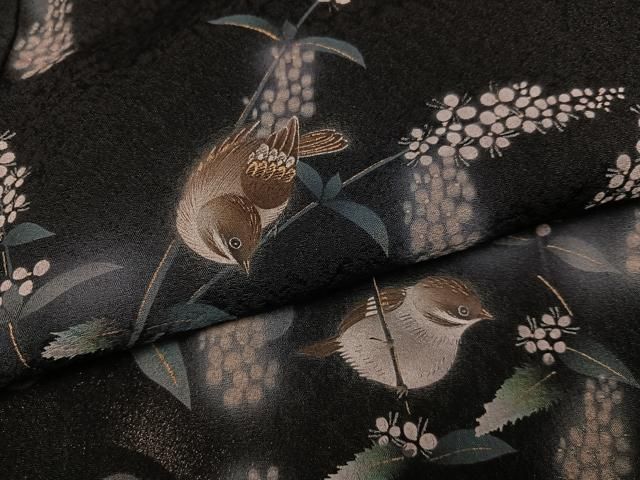 m410＋D459訪問着　和紙染染色作家　植村彩弘　手描き　正絹着物　袷　未使用 平和屋着物○和紙染染色作家・植村彩弘 訪問着 雀草花文 暈し染め 黒地