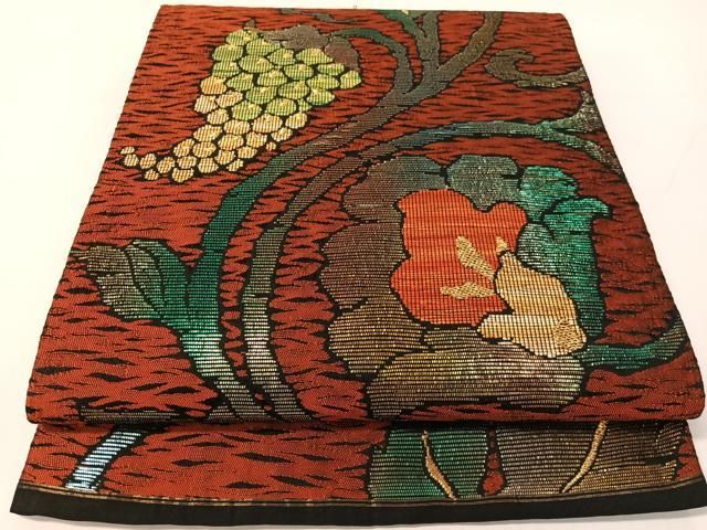 平和屋着物●六通柄袋帯　更紗葡萄唐草文　黒地　金糸　正絹　逸品　CABG1972vp