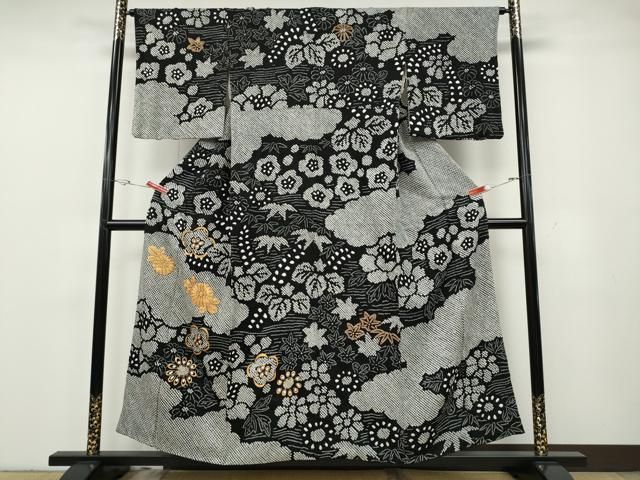 平和屋着物○訪問着 駒刺繍 絞り 雲取り草花文 黒地 正絹 逸品