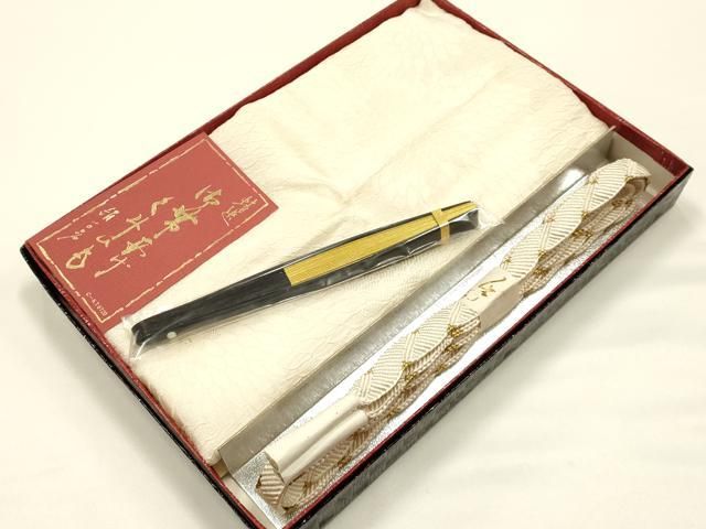 平和屋着物●和装小物　帯締め・帯揚げ・扇子セット　礼装用　万寿菊地紋　金糸　正絹　逸品　未使用　AABI2377ay