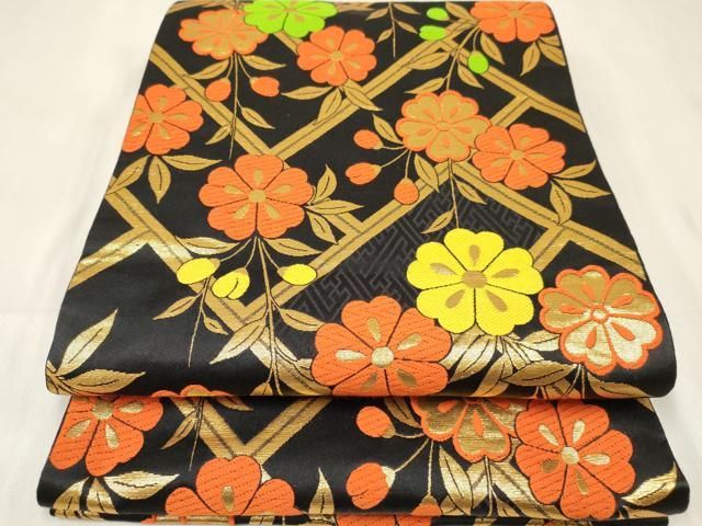 平和屋着物[]女の子　子供　全通柄袋帯　桧垣花文　黒地　金糸　逸品　DABE7019ma