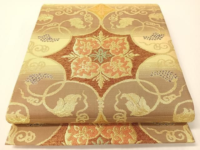平和屋着物●両面 全通柄袋帯 葡萄唐草文錦 金糸 正絹 逸品 CABG1680vp