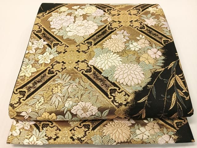 平和屋着物●六通柄袋帯　唐織　格天井花文　黒地　金糸　正絹　逸品　CABG1698vp