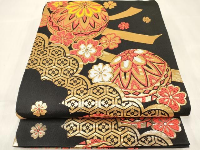 平和屋着物[]女の子　子供　全通柄袋帯　鞠花文　黒地　DABE7014ma
