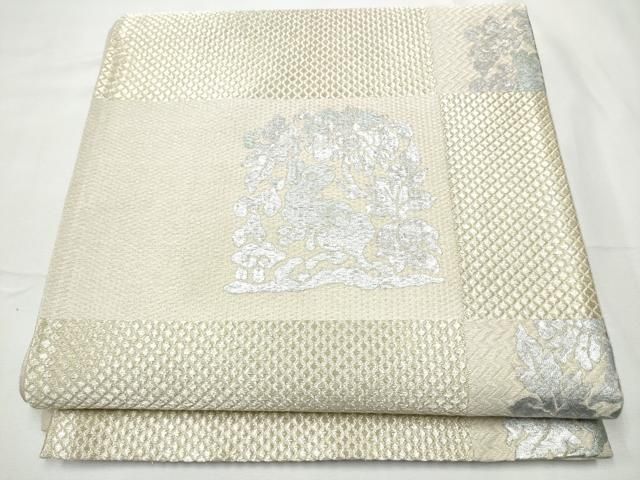 平和屋着物▽全通柄袋帯　スリーシーズン　春夏秋　花兎　銀彩　正絹　逸品　CABF8617hy
