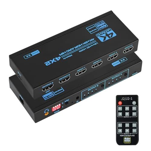 HDMIマトリックス 4入力2出力 HDMI 2.0b、HDCP 2.2、HDR10、4K @ 60Hz、EDID2.2、Ultra HD、3D、ARC HIFI対応 IRリモコン付きkk ff5d5f3d