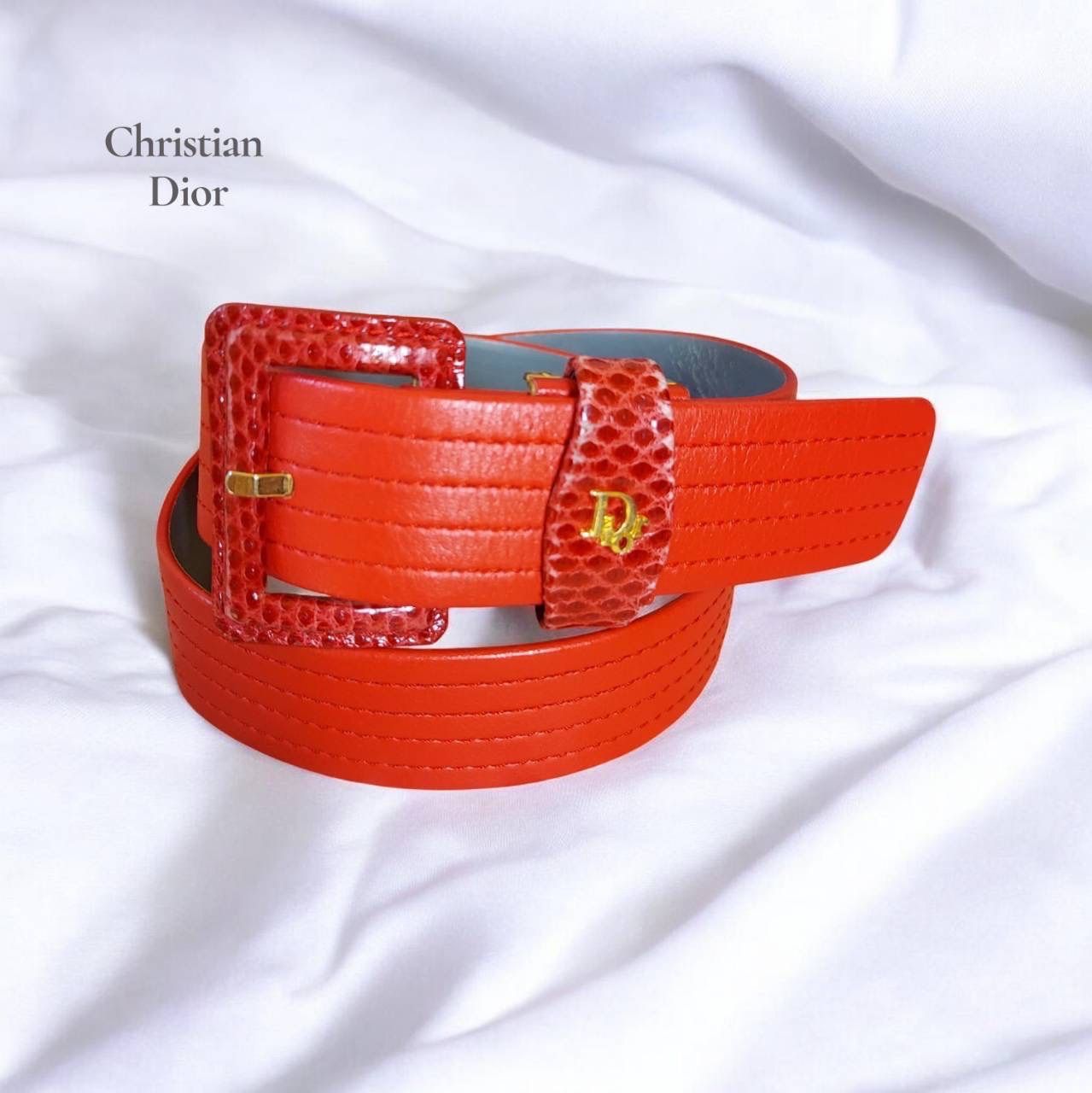 Christian Dior クリスチャンディオール　レザーベルト レッド　赤　ゴールド　レディース