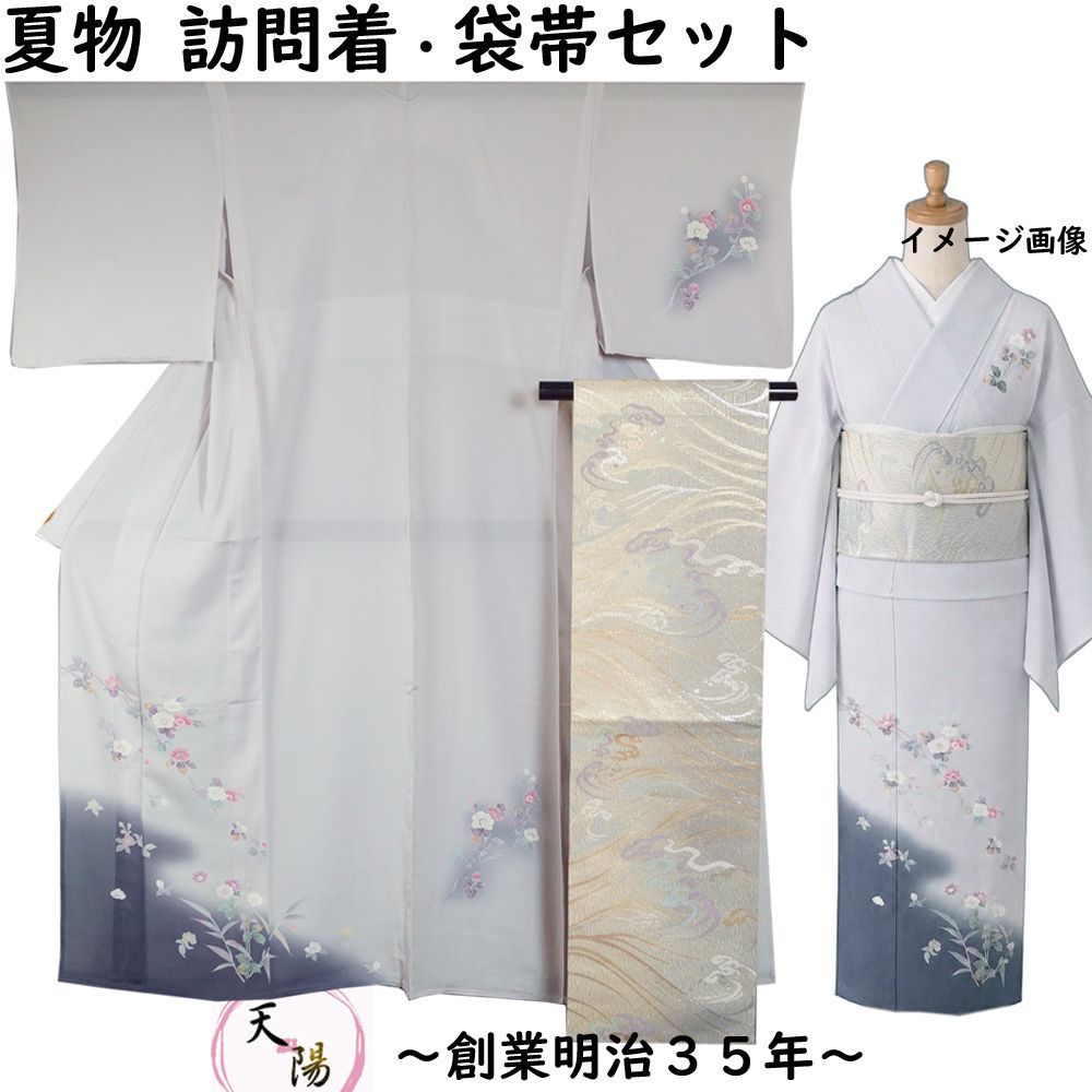 夏着物セット 絽 訪問着・袋帯 2点 セット ぼかしに枝花模様 Mサイズ