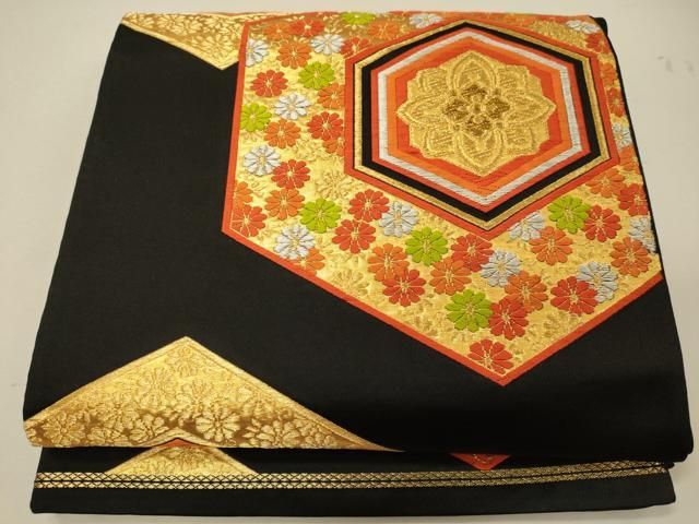 平和屋着物◎六通柄袋帯 亀甲花文 黒地 金銀糸 正絹 逸品 CABG5844oy