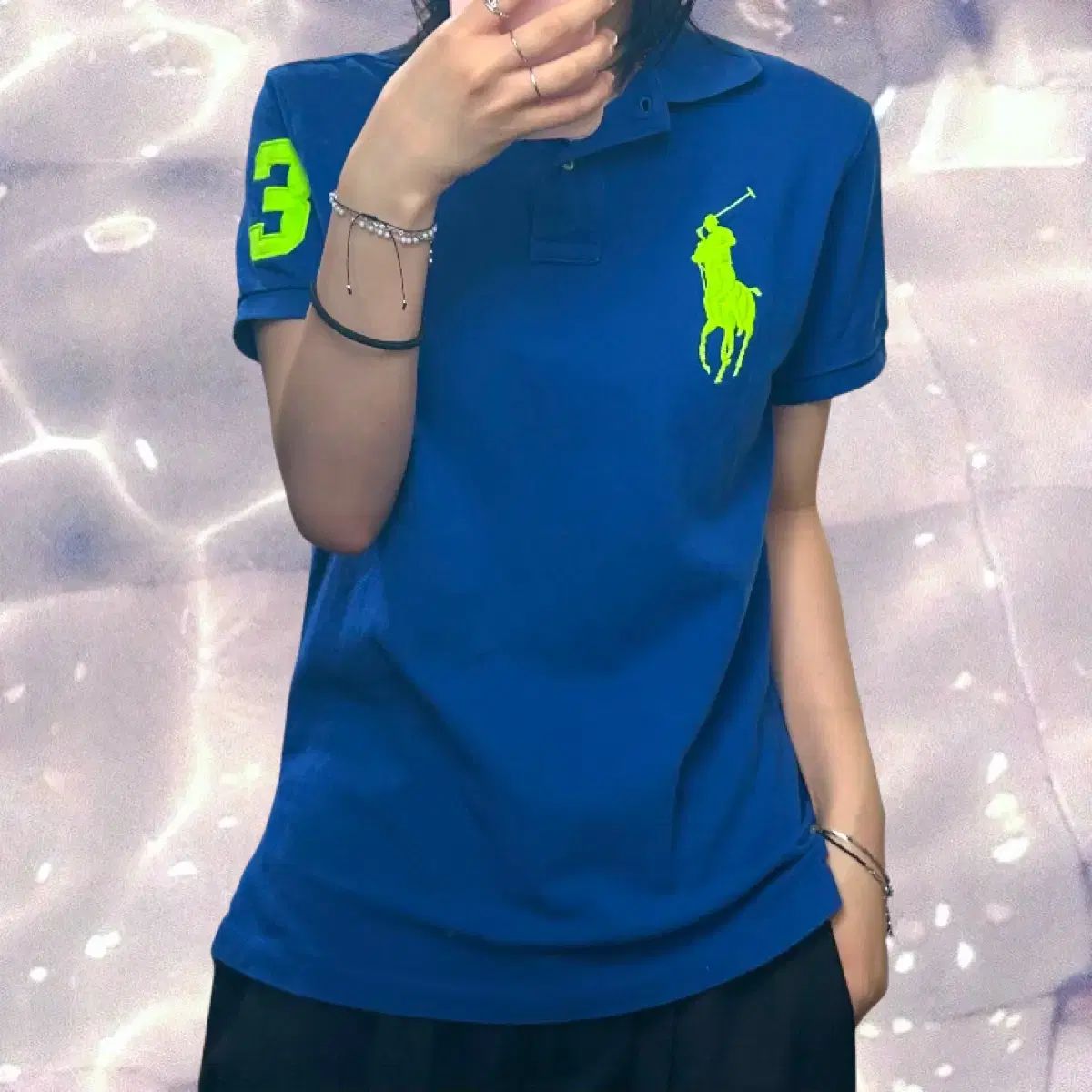 ポロラルフローレン ビックポニー チーフキーナンバー ロゴ 半袖 カラTシャツ ブルー S