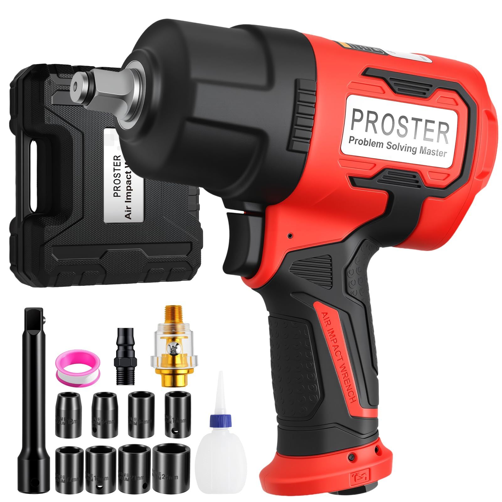 Proster エアーインパクトレンチ 差込角1/2インチ 8500RPM 左回転2170N・m 右回転400/1300/2000N・m 調節可能 使用空気圧0.63Mpa 8点のCR-V鋼インパクトソケット(13-24mm) 5インチエクス 239cc5f0