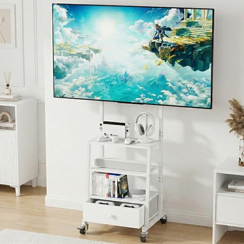 【引き出しつきで、ゲーム機周りもスッキリ収納！】テレビスタンド 32~55インチ対応 引き出し付き ハイタイプ tvスタンド 移動式 壁寄せ 二重支柱設計 高さ調節可能 テ 棚付き 耐荷重45kg 省スペース 家用・会社用・業務用（ホワイト）ｍａ