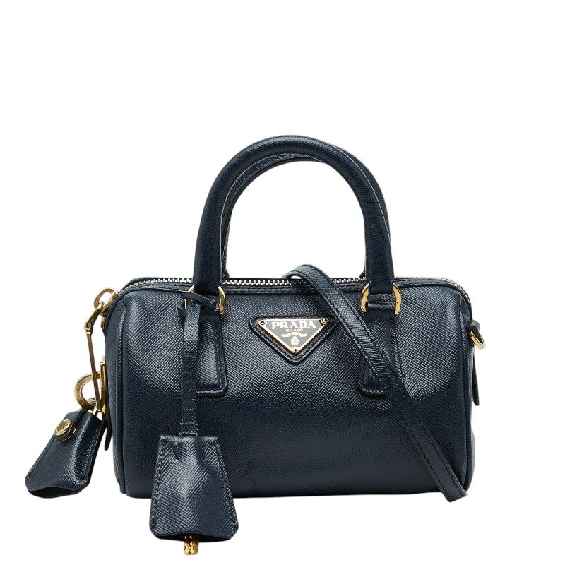 PRADAプラダ　レザー　ハンドバッグ　2WAYショルダー　三角ロゴ　ネイビー プラダ 三角ロゴプレート ミニハンドバッグ ショルダーバッグ 2WAY
