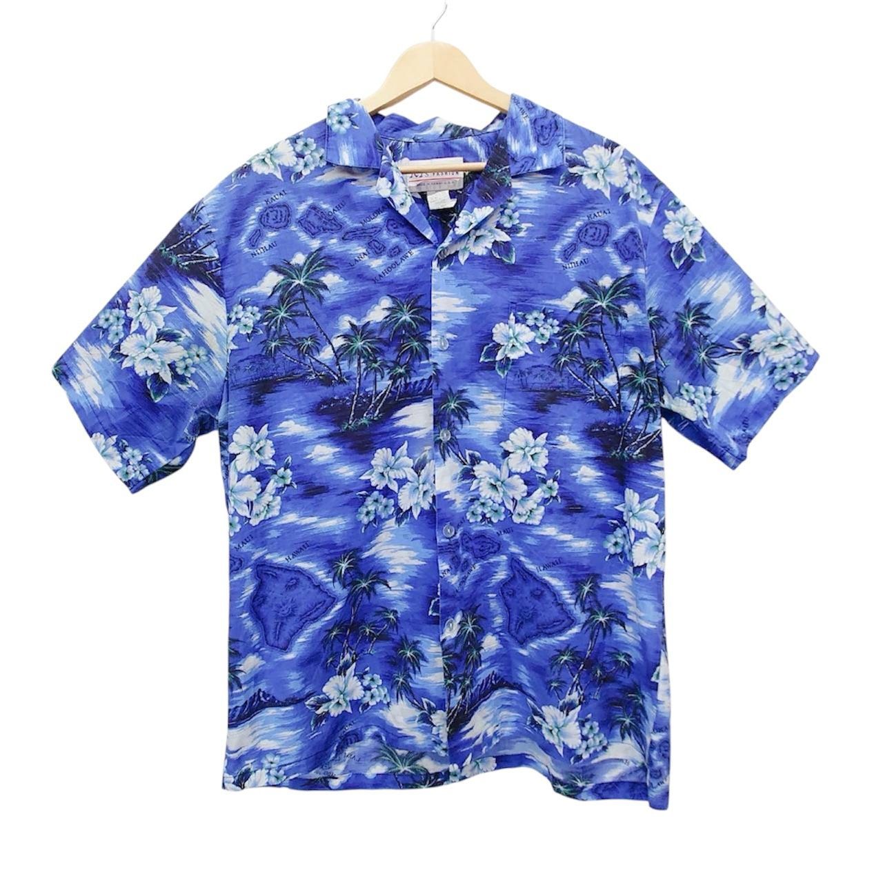 KYS INTERNATIONAL FASHION ケーワイエスインターナショナルファッション アロハシャツ XL ブルー ハワイ製 総柄 半袖 開襟 ハイビスカス ヤシの木 オープンカラー ビッグサイズ Hawaiian Shirt 古着 USA製