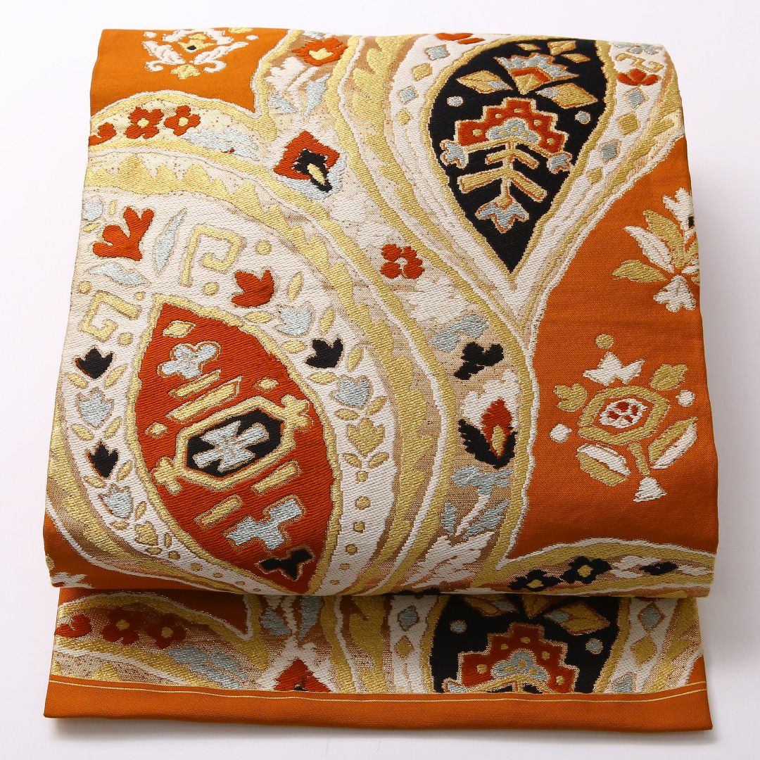 特価！アンティーク 九寸名古屋帯 Aランク 帯丈365cm 正絹 六通 名古屋仕立て 織り ペイズリー 茶系 RP 1245-02980