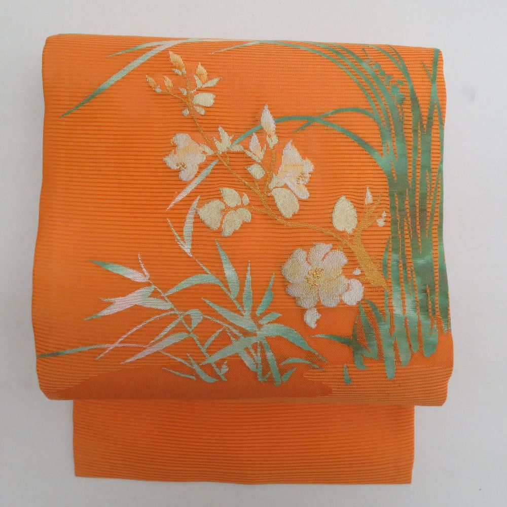 名古屋帯 夏帯 絽 正絹 オレンジ色x緑色 金糸 草花文様 お太鼓柄 夏用 名古屋帯 夏帯 絽 正絹 オレンジ色x緑色 金糸 草花文様 お太鼓柄 夏用