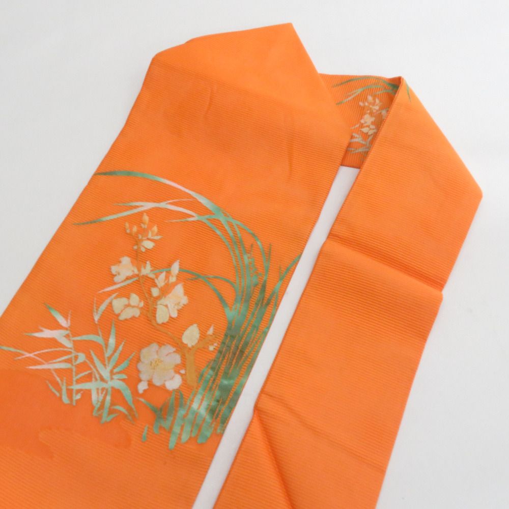 名古屋帯 夏帯 絽 正絹 オレンジ色x緑色 金糸 草花文様 お太鼓柄 夏用