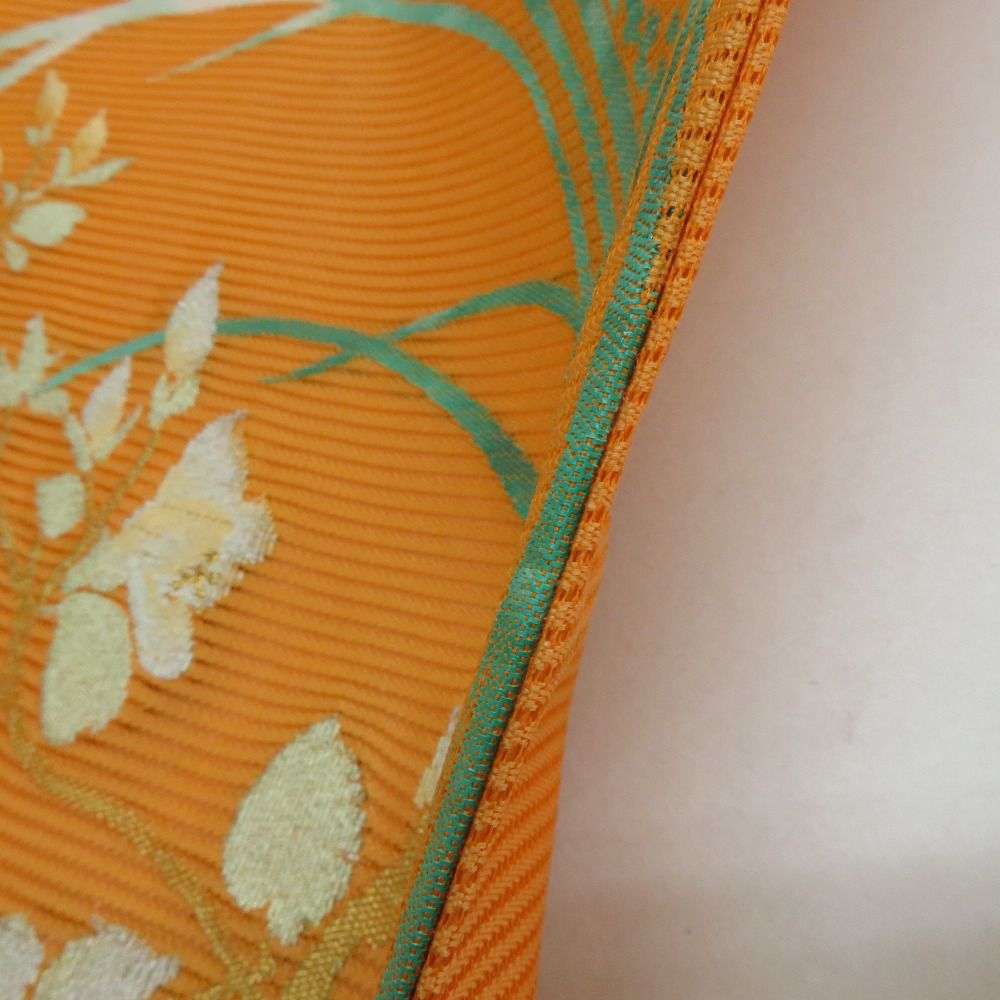 名古屋帯 夏帯 絽 正絹 オレンジ色x緑色 金糸 草花文様 お太鼓柄 夏用 名古屋帯 夏帯 絽 正絹 オレンジ色x緑色 金糸 草花文様 お太鼓柄 夏用