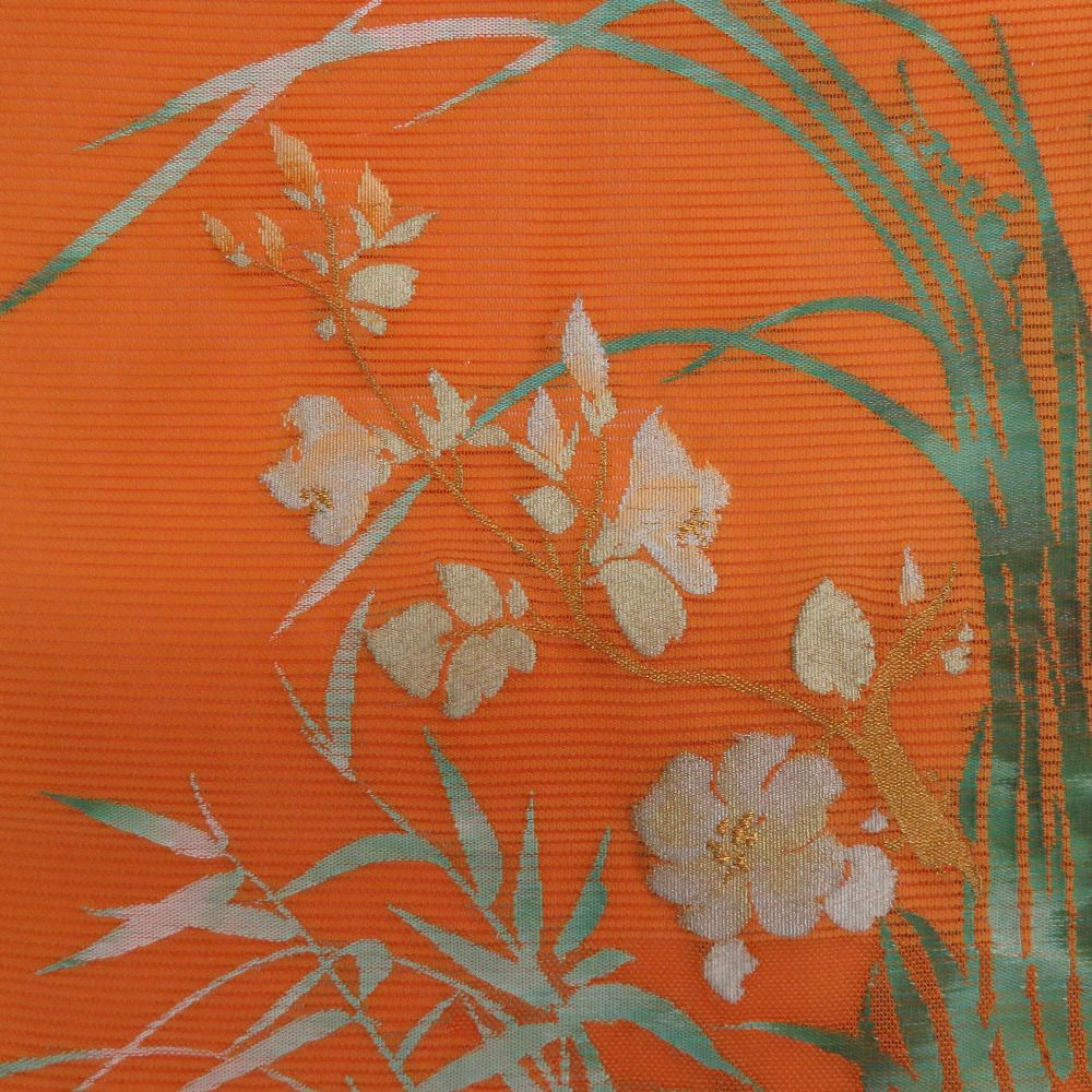 名古屋帯 夏帯 絽 正絹 オレンジ色x緑色 金糸 草花文様 お太鼓柄 夏用