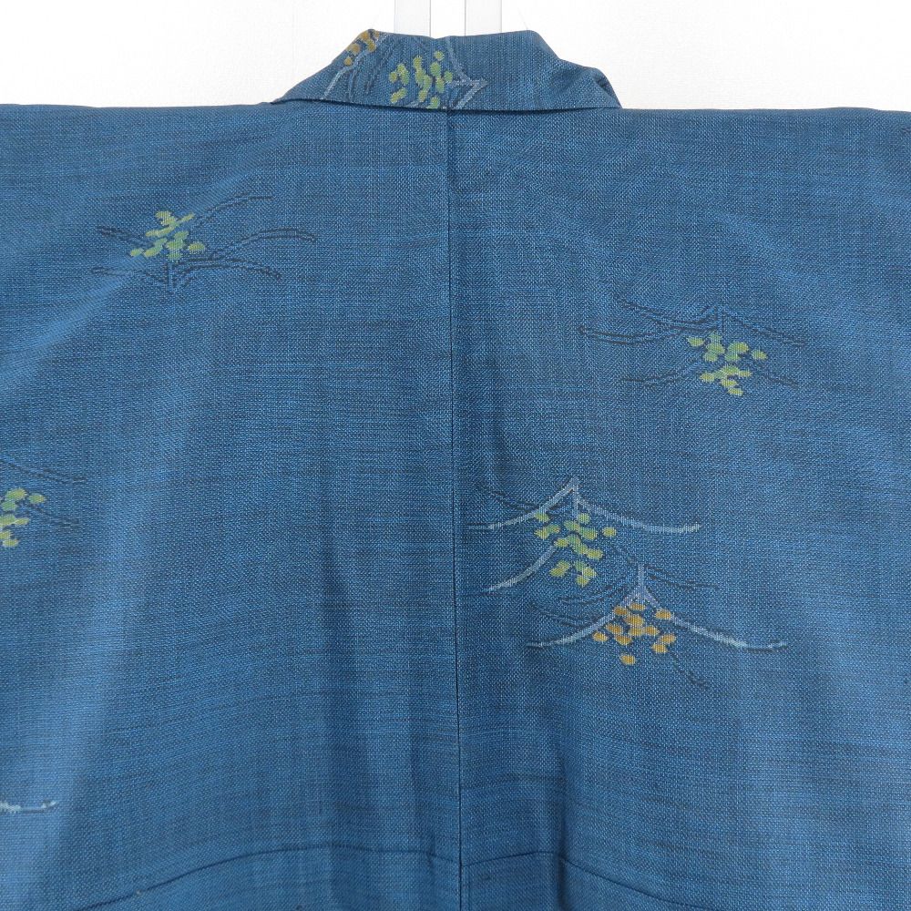 紬 着物 本場大島紬 証紙付き 片ス式 草花模様 紺色x黄緑 袷 広衿