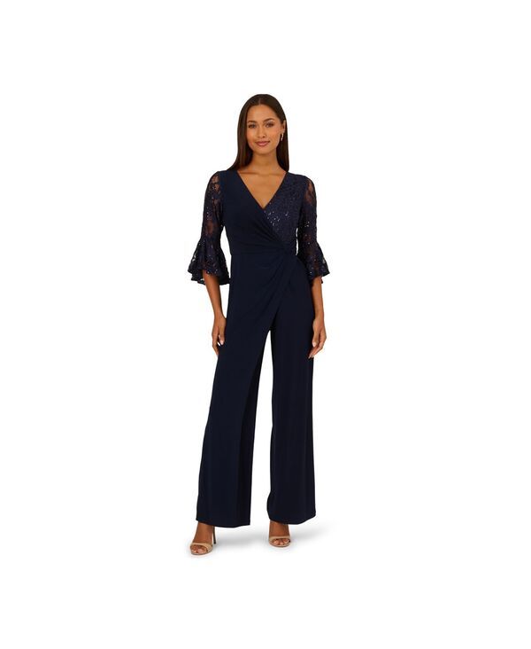 アドリアナ パペル レディース ボトムス カジュアルパンツ Vネック レース ジャンプスーツ Adrianna Papell Womens Surplice Lace Combo VNeck Jumpsuit Midnight