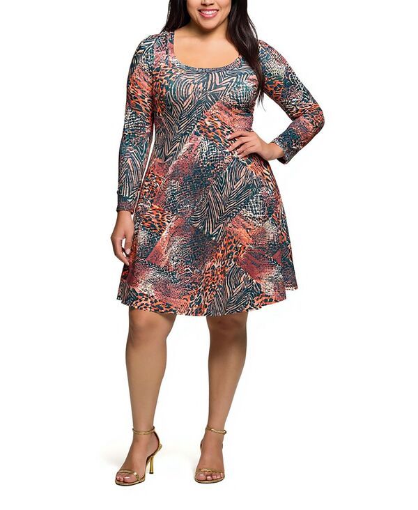 24 セブンコンフォート レディース トップス ワンピース プラスサイズ 24seven Comfort Apparel Plus Size Long Sleeve Fit and Flare Dress Brown Multi ブラウン